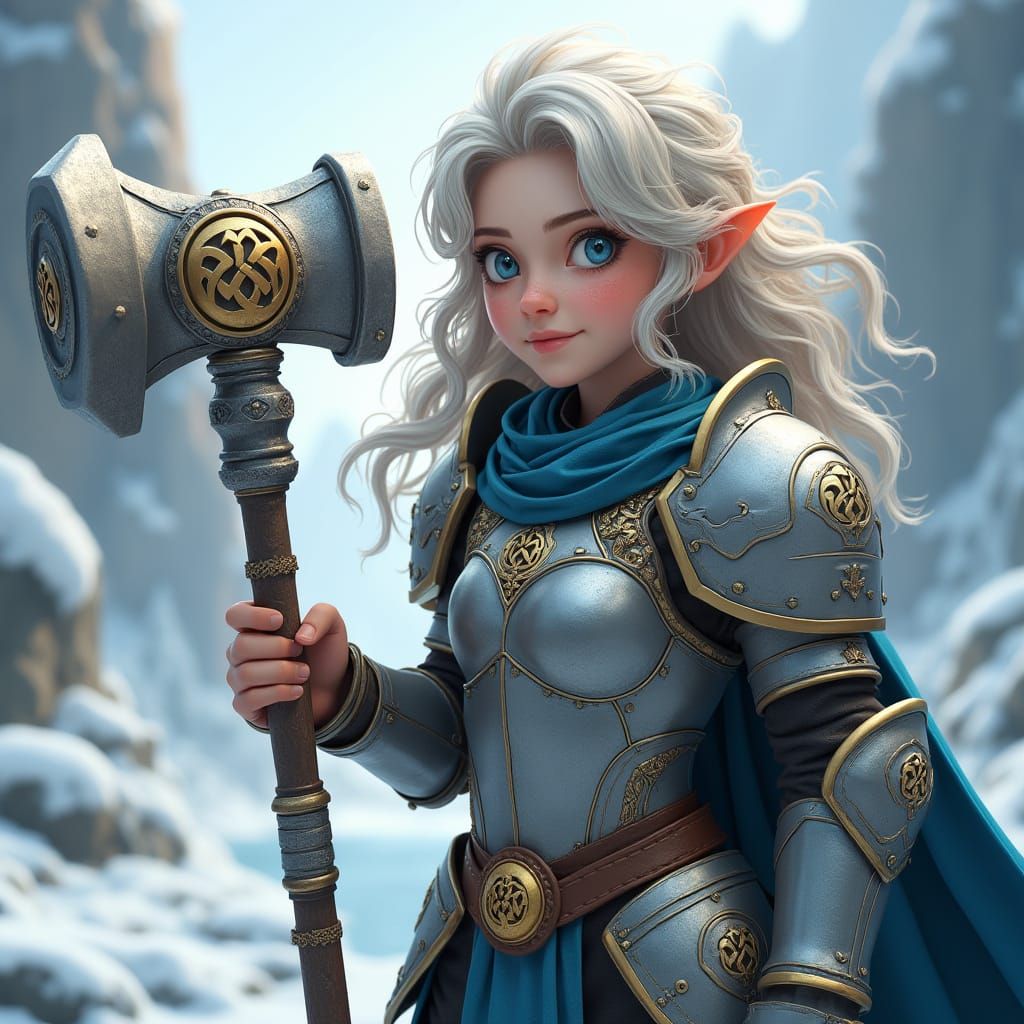 Elegant Halfling Paladin Warrior in Snowy Fjord Landscape