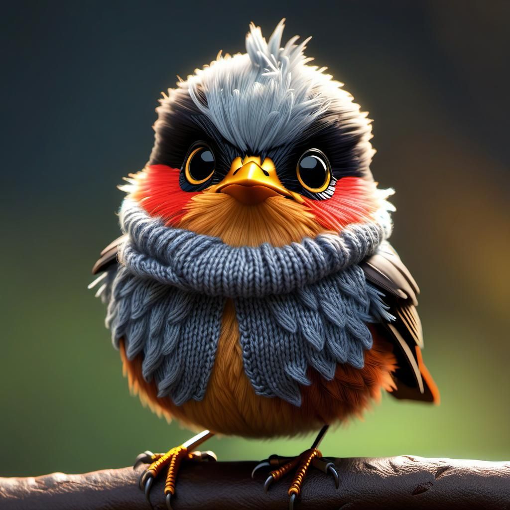 Cute Baby Robin Bird in Whimsical Digital Art