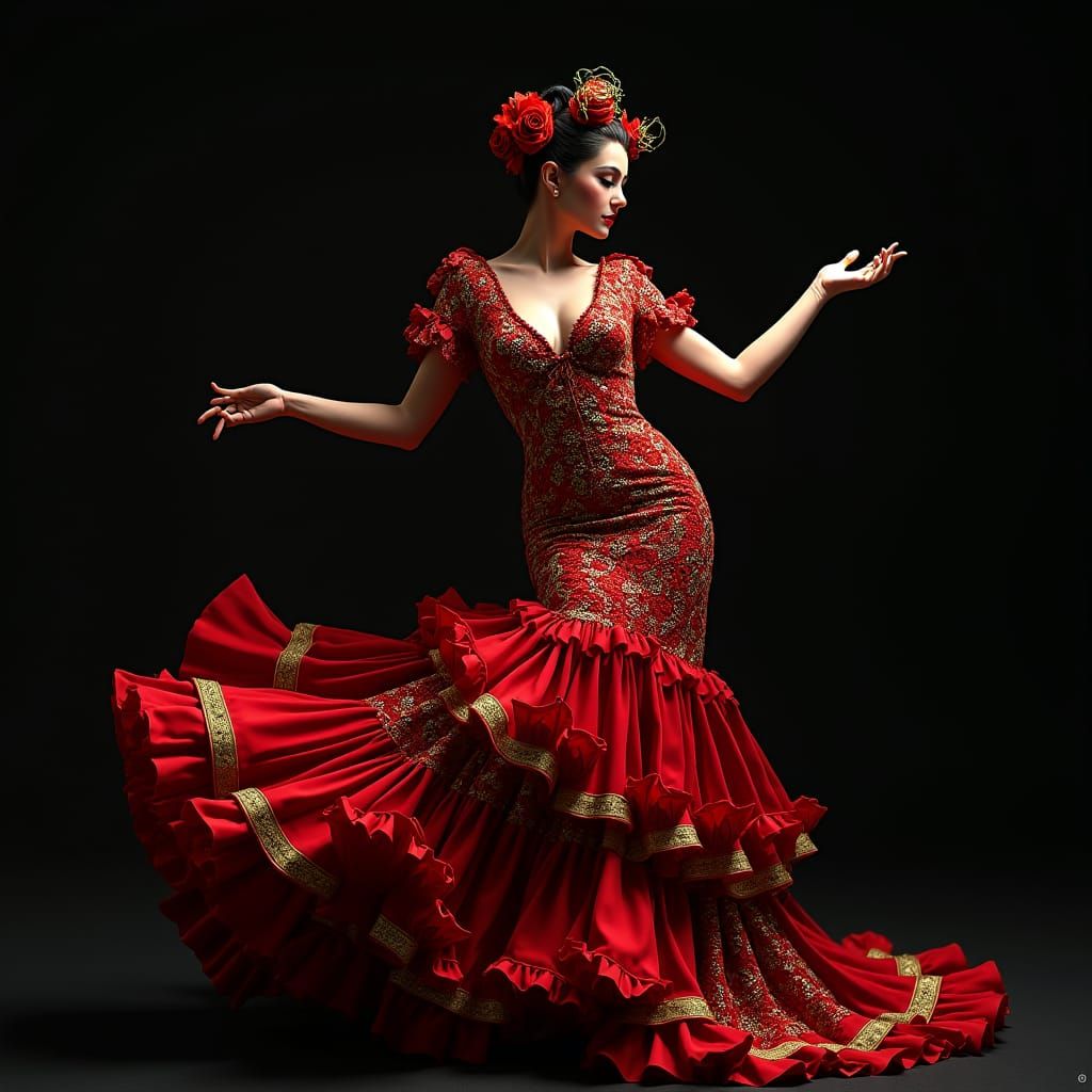 Flamenco Dancer in Red and Gold: Hyperrealistic Elegance