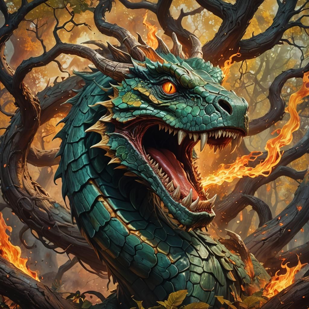 Fiery Tree Entwined by Basilisk Tooth: Hyperrealistic Concep...