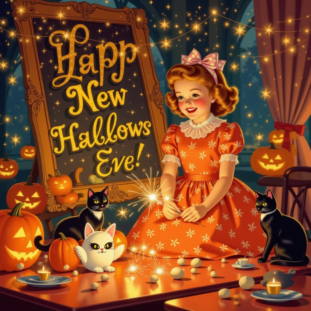 1950s Girl Celebrates Halloween With Sparklers