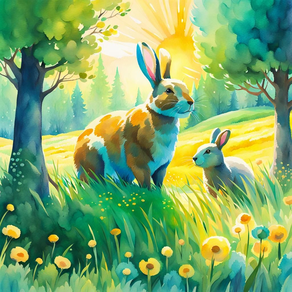 Giant Rabbit and Bear in Impressionist Meadow