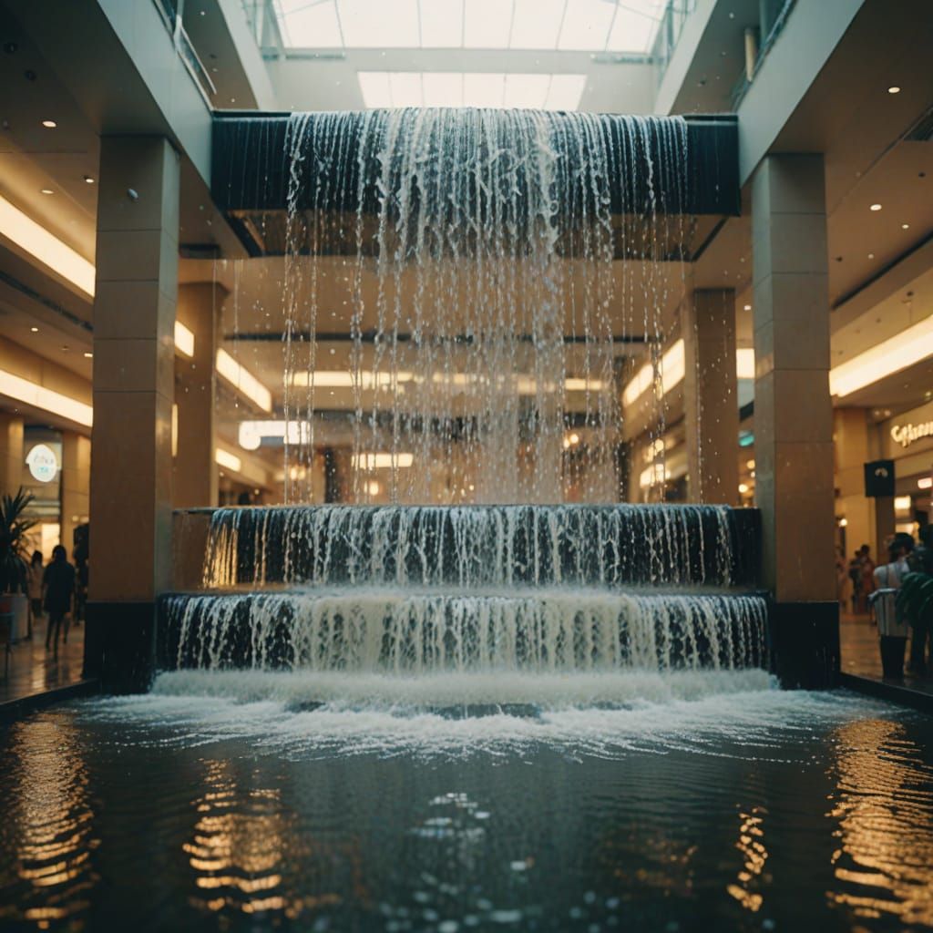 Waterfall in Shopping Mall: Hyper-realistic Digital Art