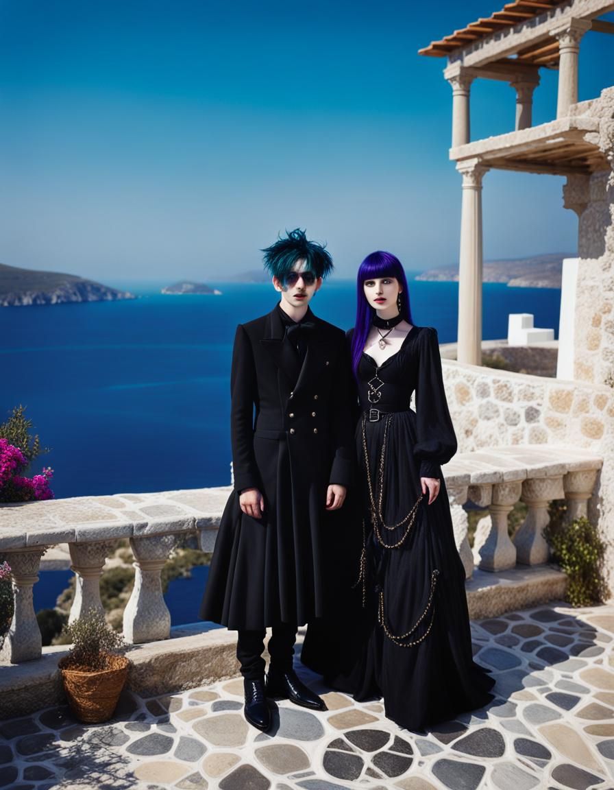 Steampunk Goth Couple on Aegean Coast: Glitchcore Art
