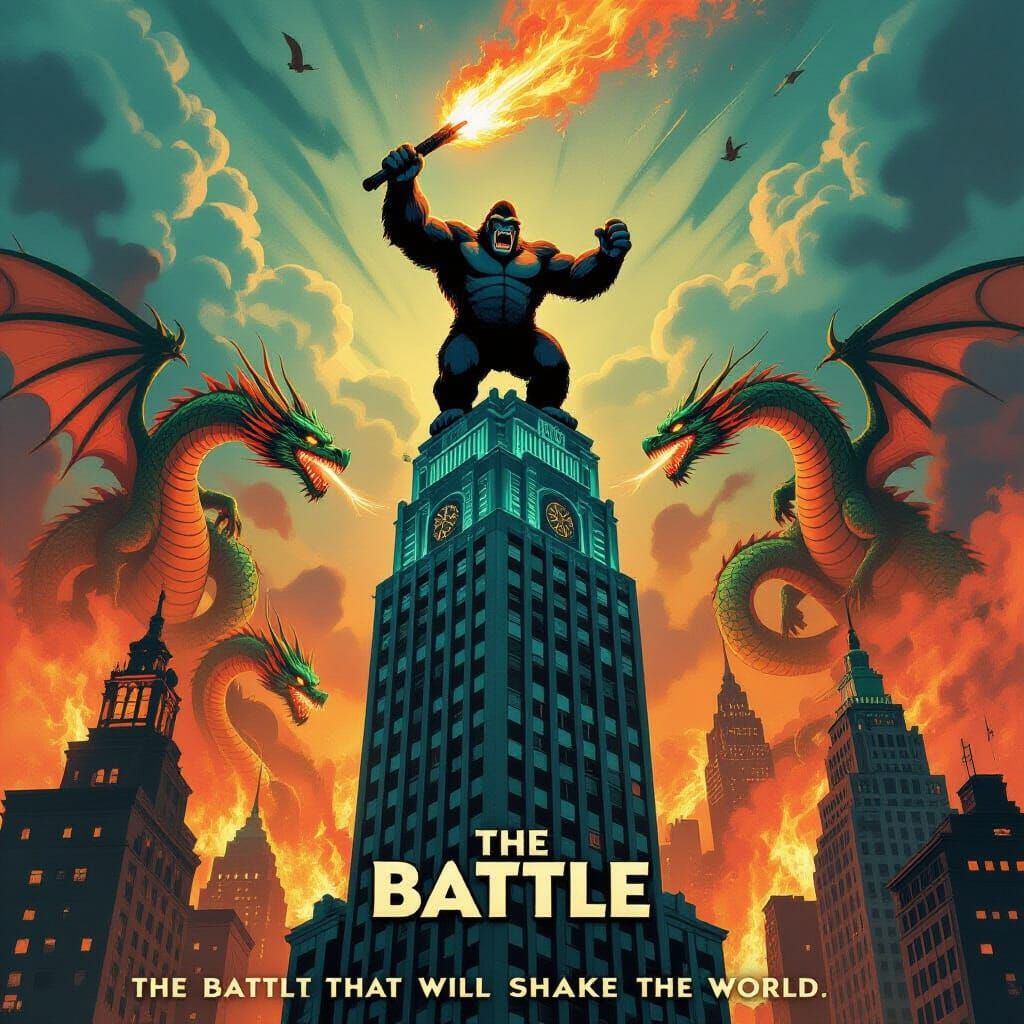 King Kong vs Dragons in Burning City