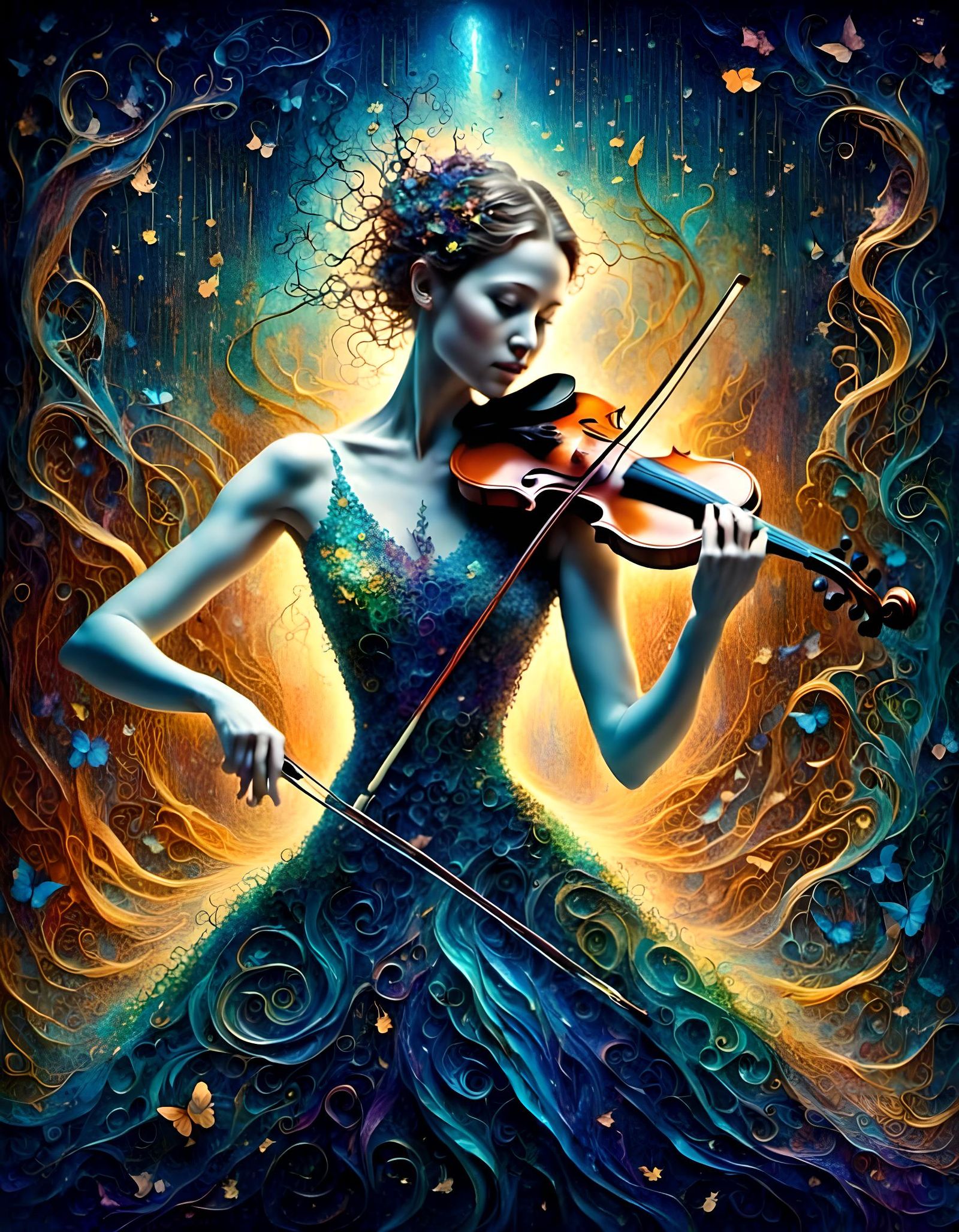Music Goddess Plays Violin with Synesthesia Light Streams