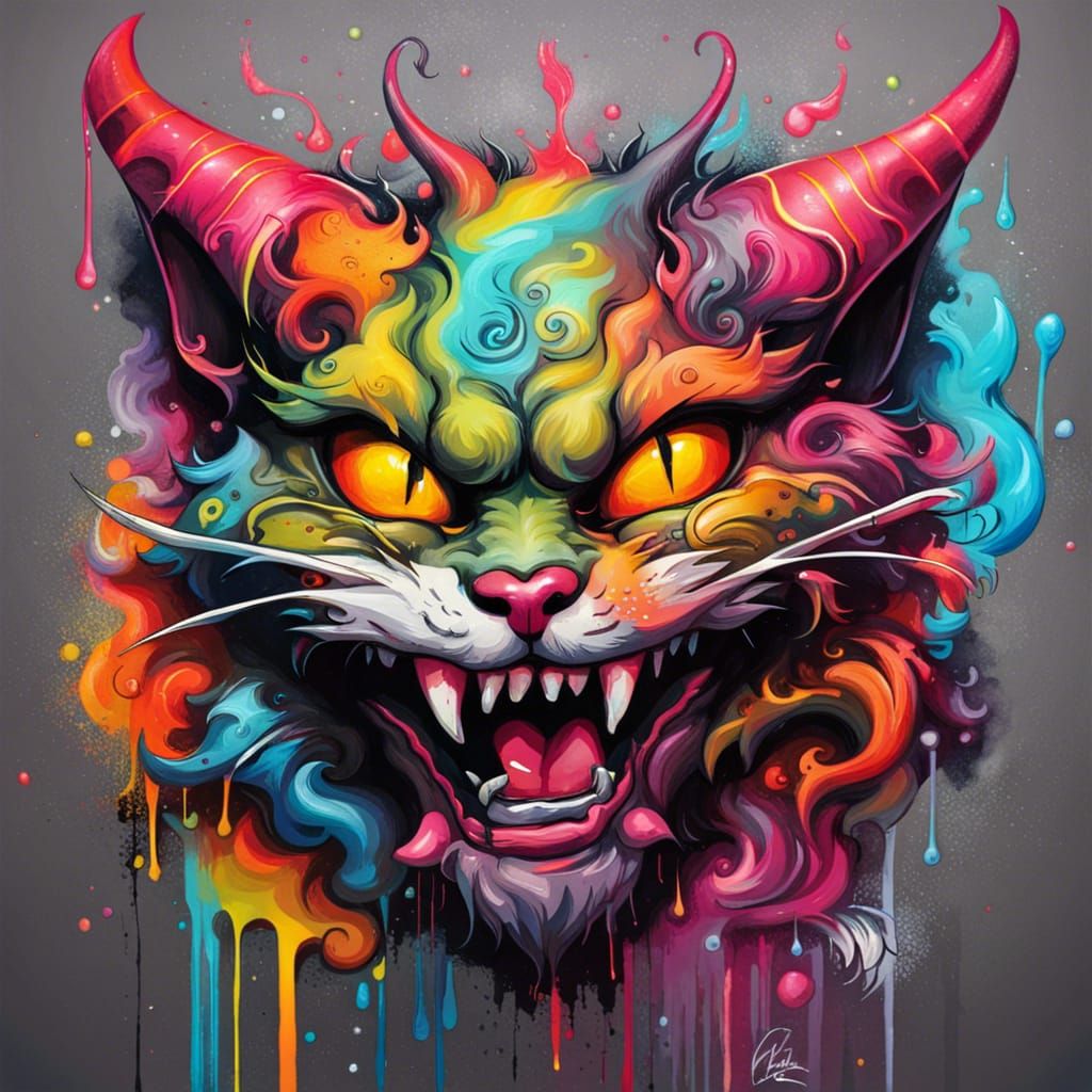Sinister Horned Demon Cat in Graffiti Art