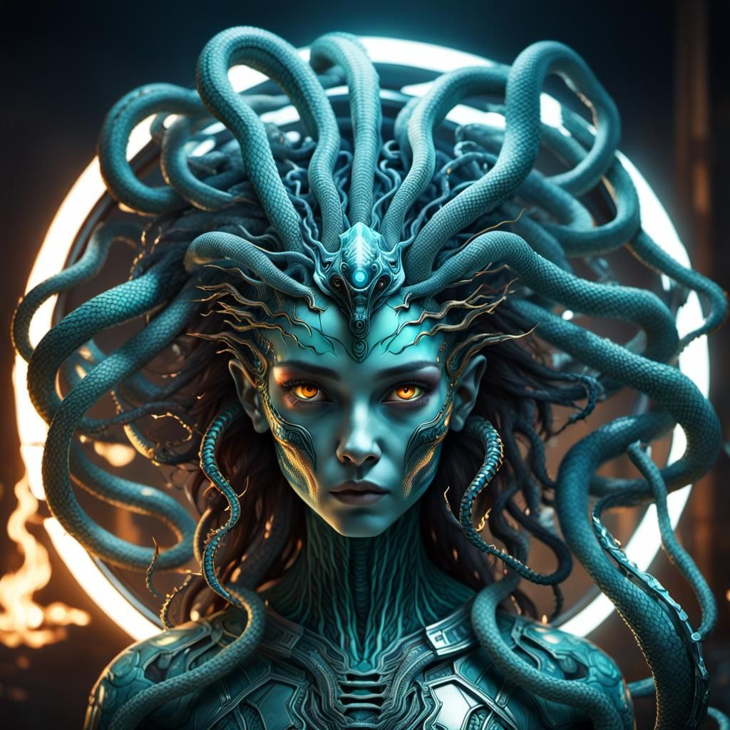 Futuristic Alien Medusa with Bioluminescent Snakes