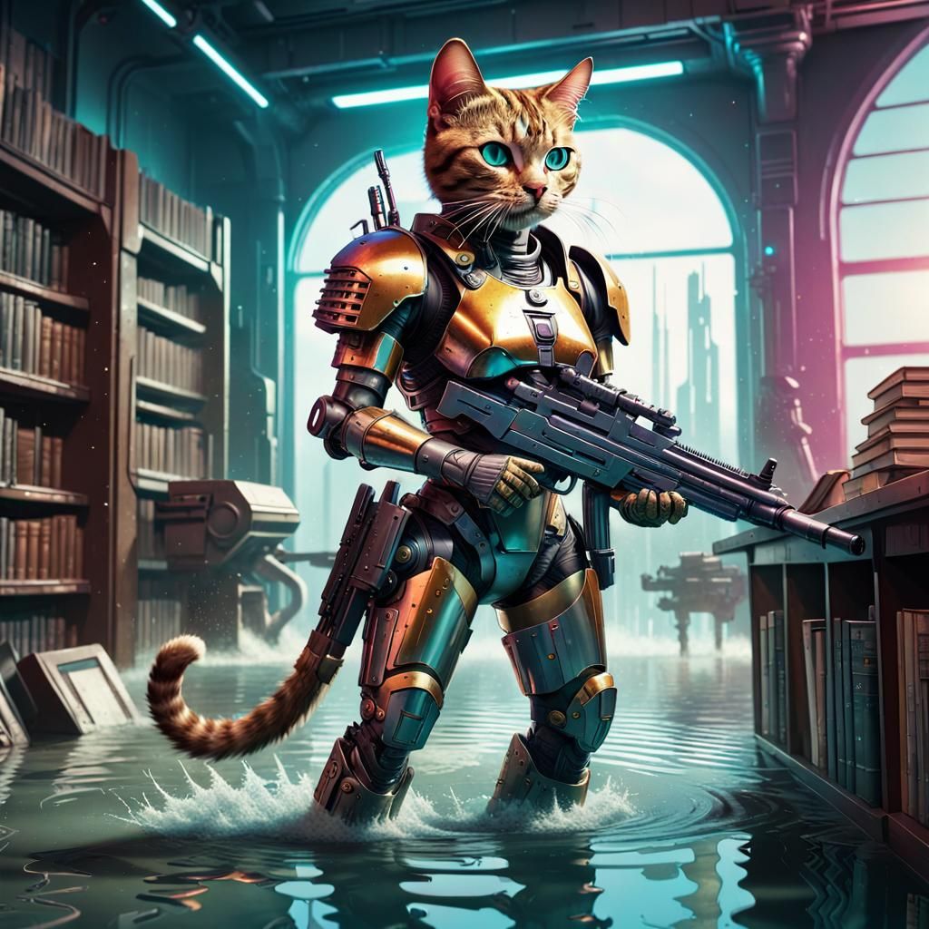 Cyborg Cat in Flooded Library: Retro-Futuristic Illustration