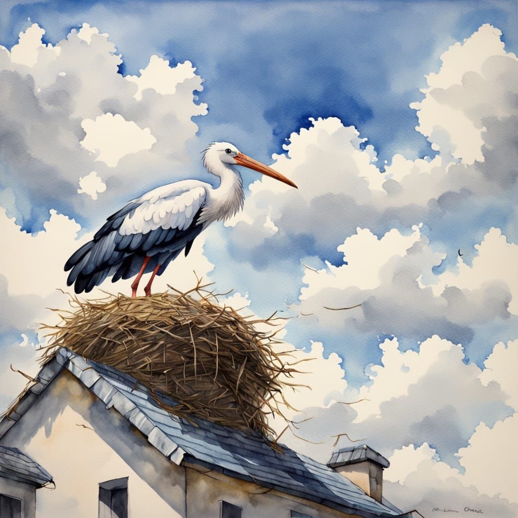 Stork Building a Majestic Watercolour Nest Amidst Blue Skies...