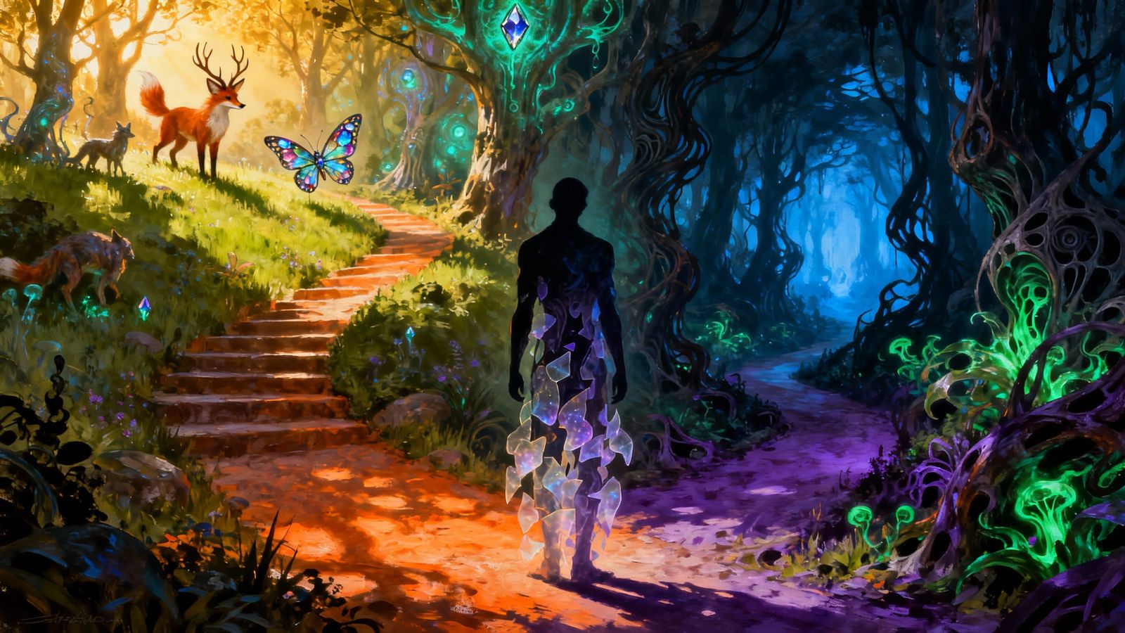 Surreal Dreamscape Crossroads: Light vs. Dark Fantasy Art