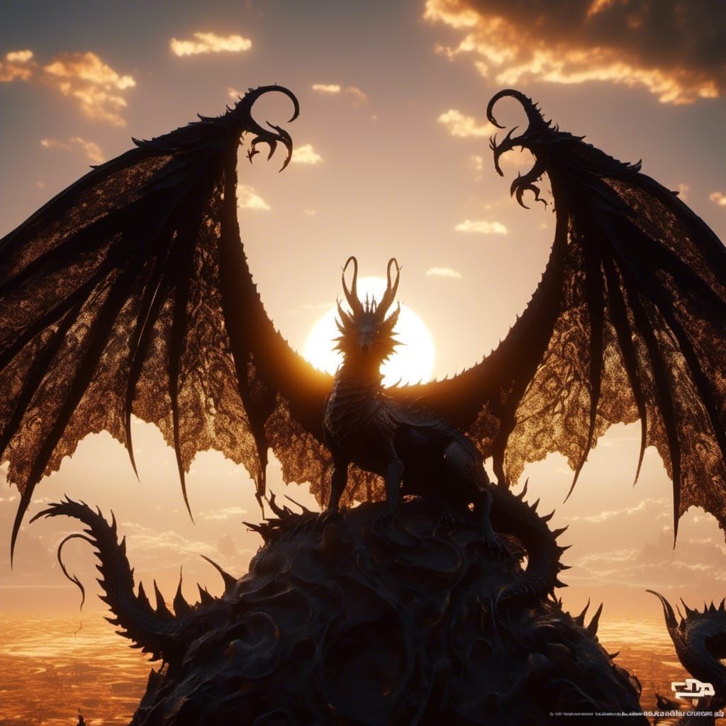 Dragon Silhouette in Golden Sunlight, Hyperrealistic Render