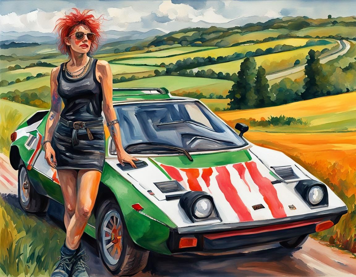 Punk Woman and Lancia Stratos in Gouache Style