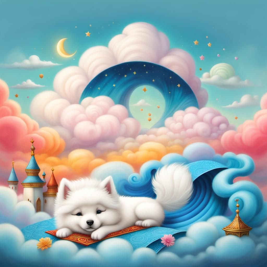 Samoyed Dreams on Magic Carpet in Fantasy Art
