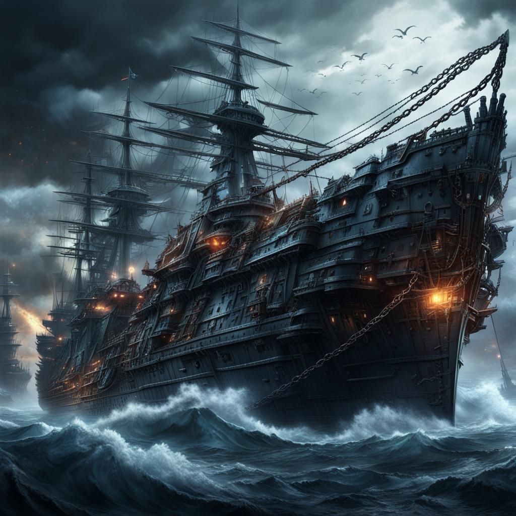 Epic Battle Ship Chains Digital Matte Painting