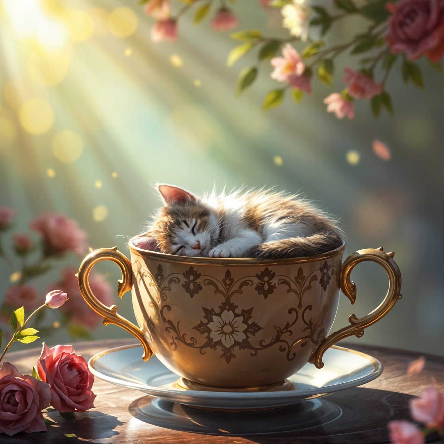 Kitten Napping in Teacup in Fantasy Setting
