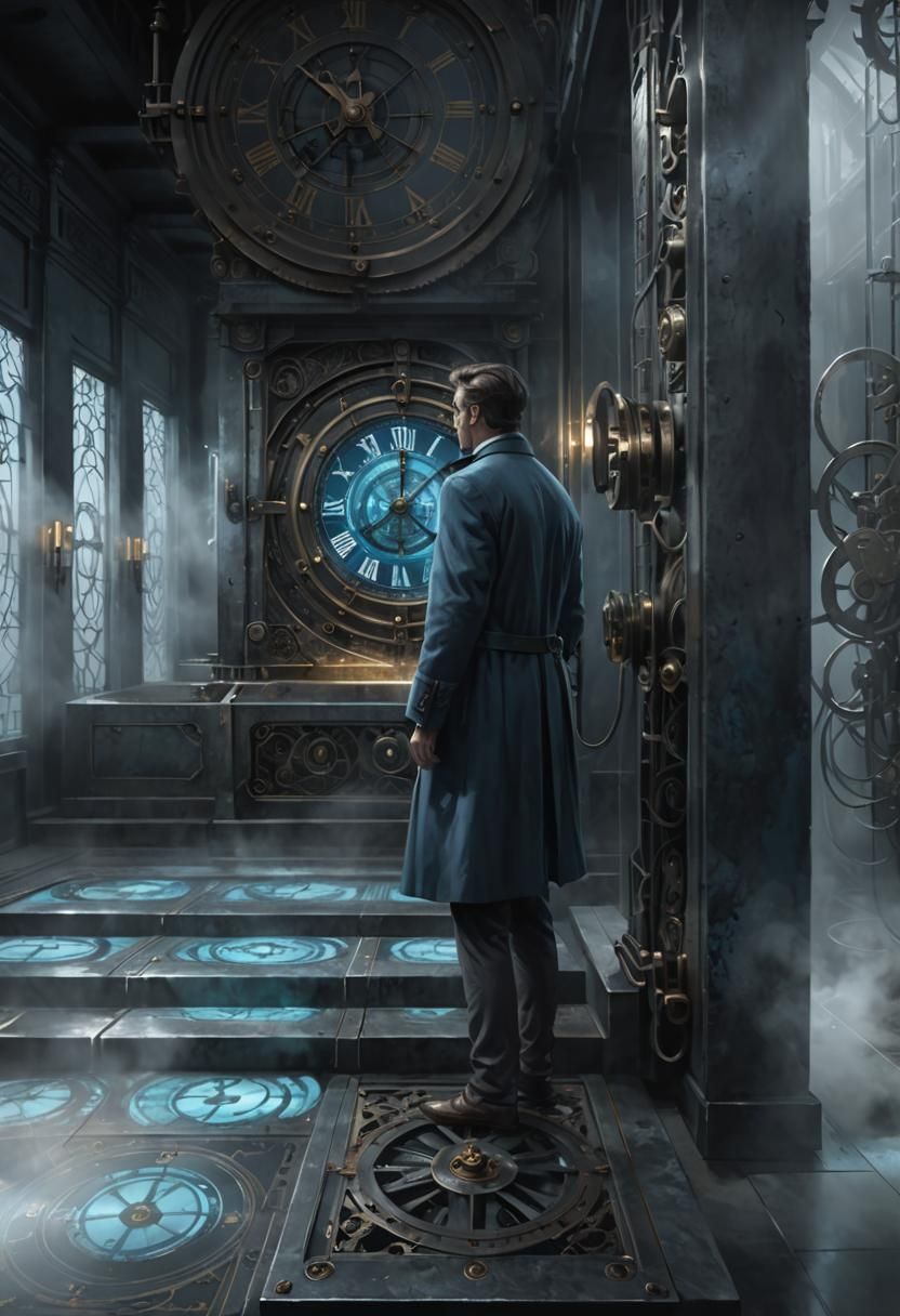 Dystopian Time Traveler in Monochromatic Sci-Fi Elevator