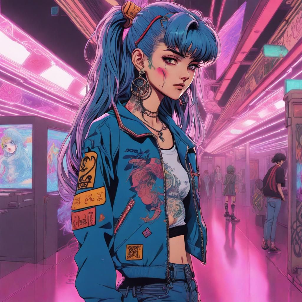 Punk Girl with Tattoos in Retro Anime Style