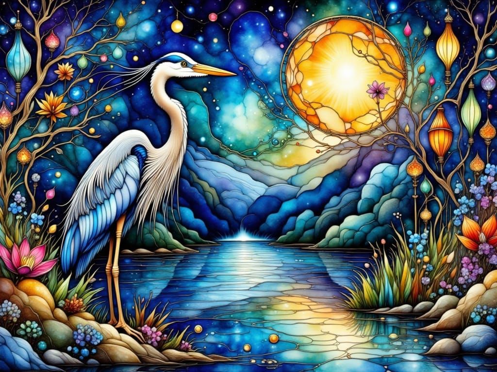 Cosmic Wetland Magic with Great Blue Heron in Stained Glass ...