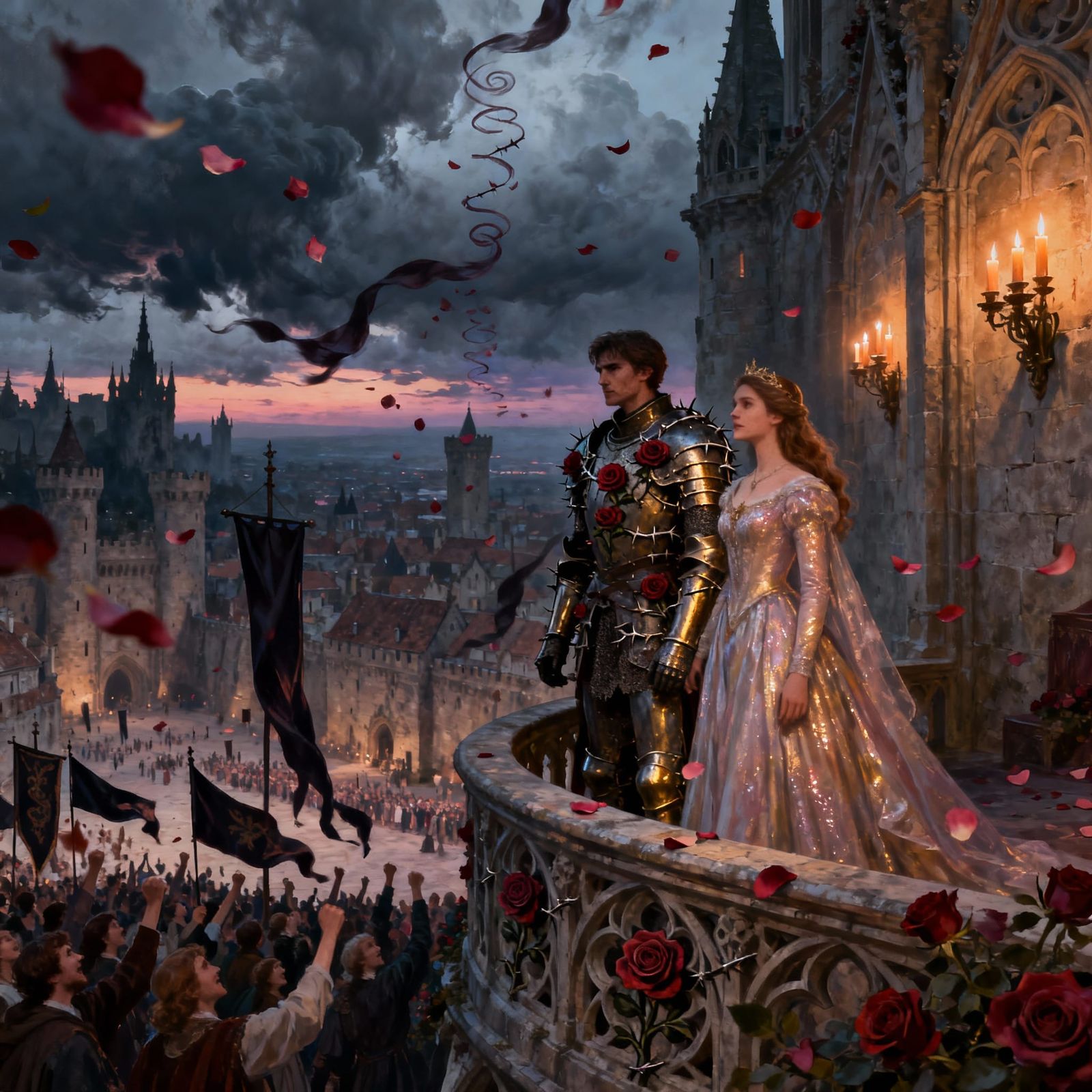 Gothic Castle Balcony Scene with Knight and Princess