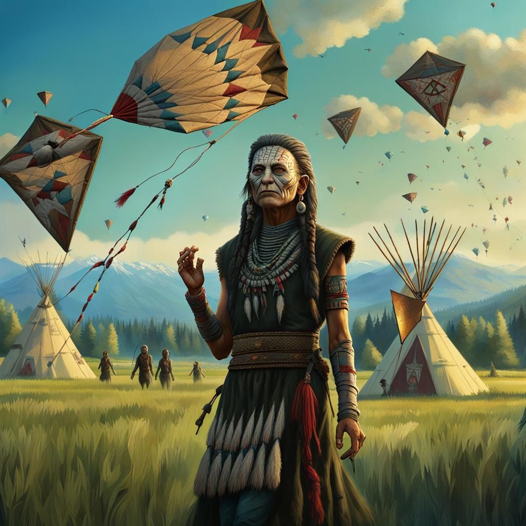 Native American Pinhead Flies Kites: Dark Fantasy Art