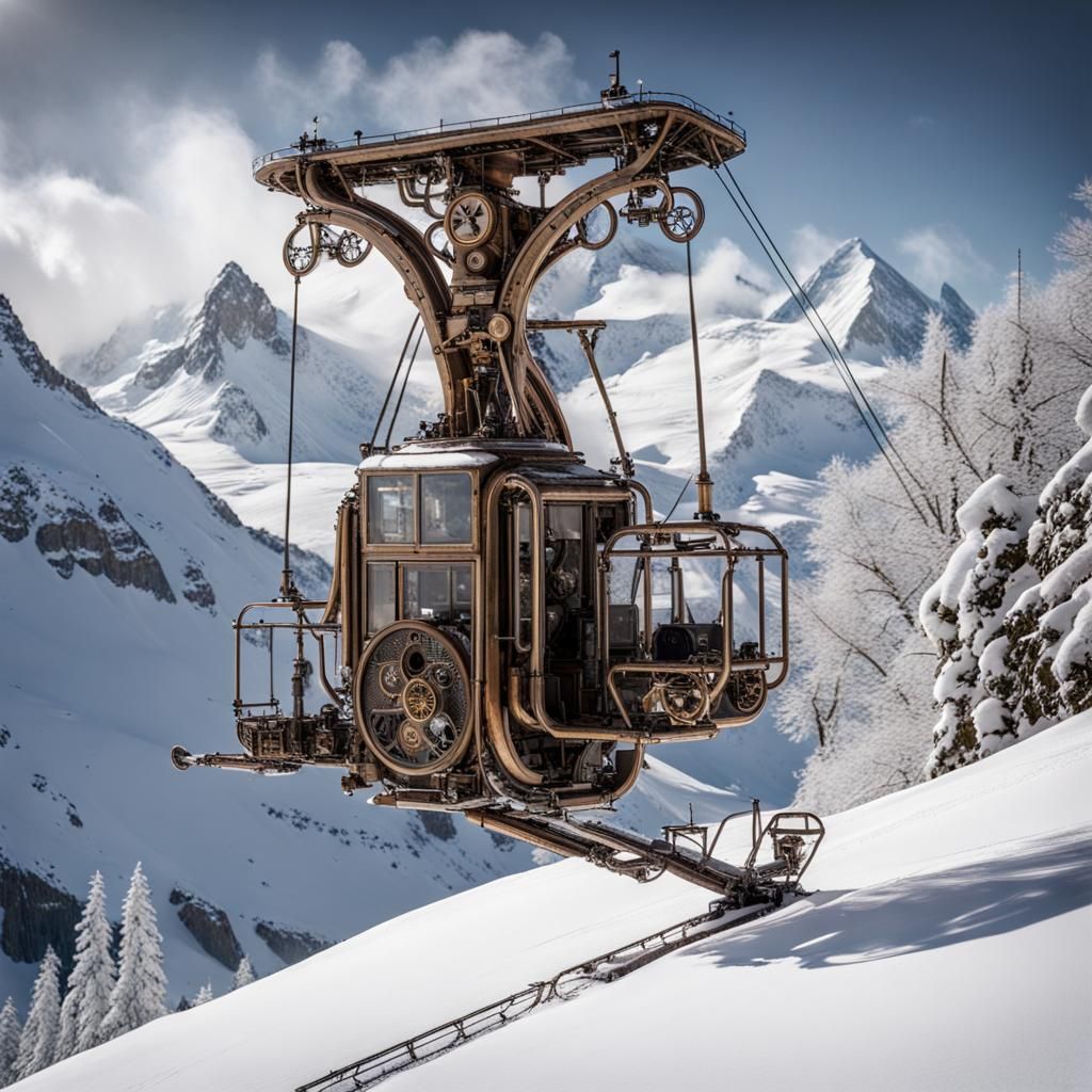 Steampunk Ski Lift on Snowy Swiss Mountain