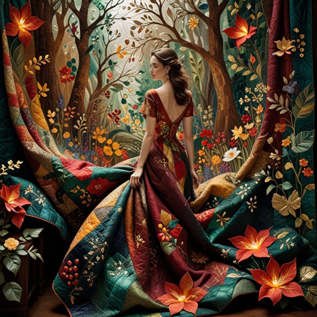 Luxurious 3D Patchwork Quilt with Precious Stones