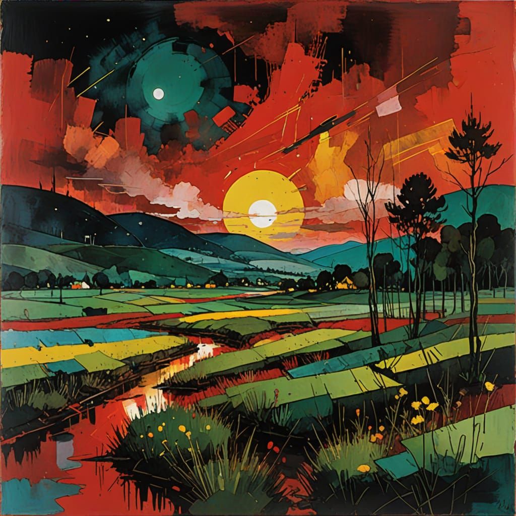 Vibrant Red Night Landscape with Yellow and Green Accents
