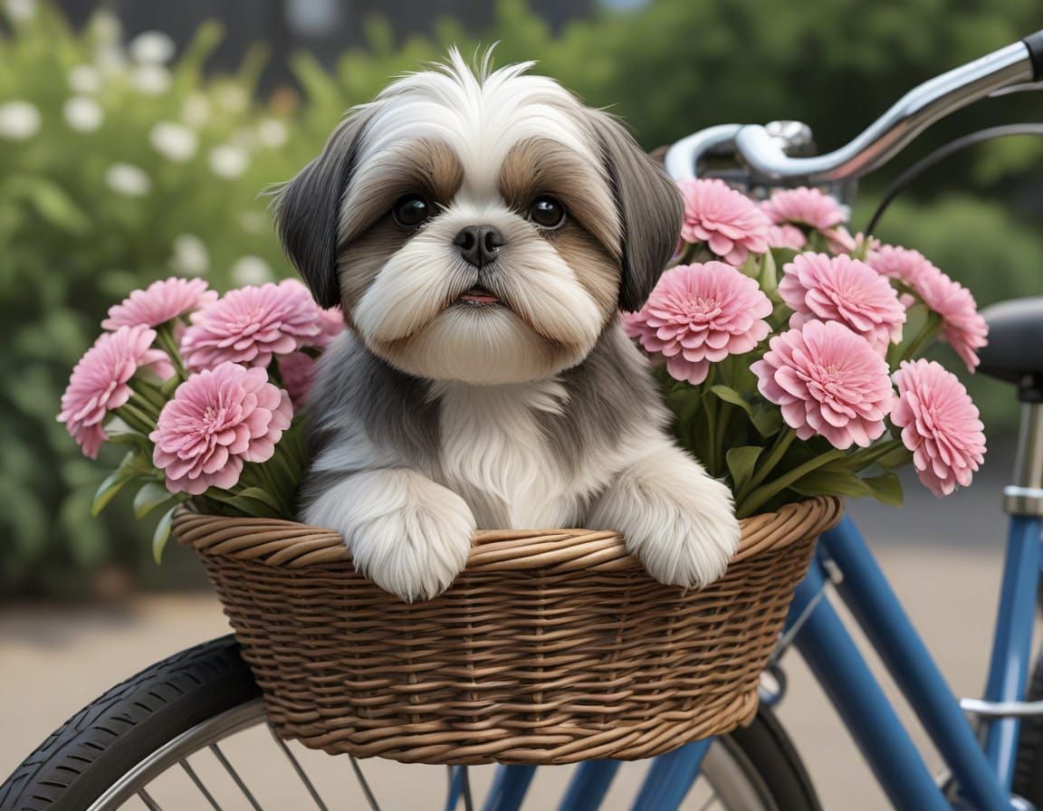 Cute Shih Tzu in Bicycle Basket with Vibrant Flowers in Hype...