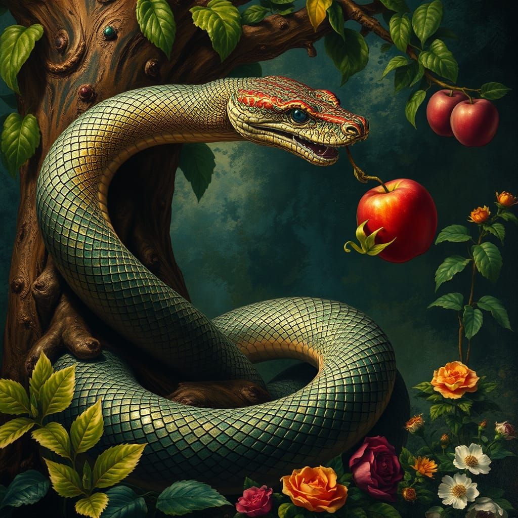 Eve Tempted by Serpent in Eden: Renaissance Style