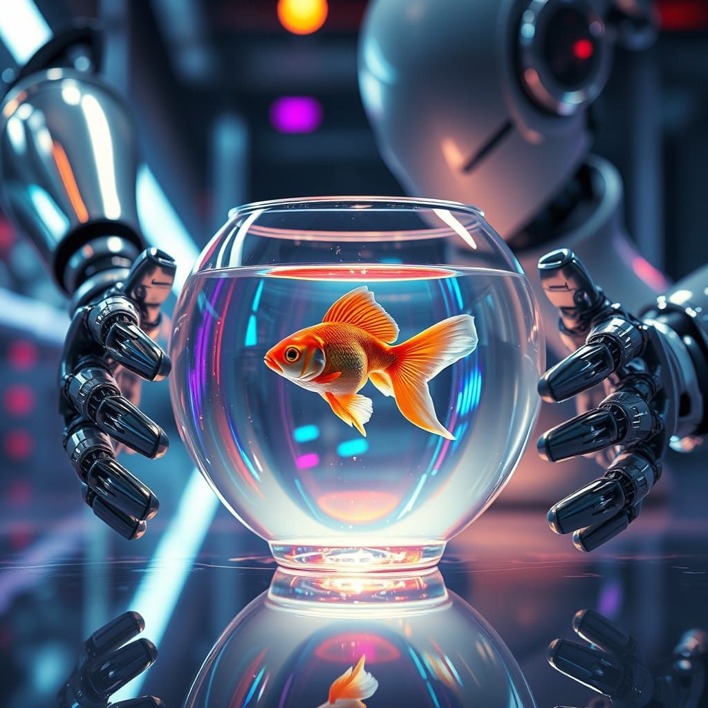 Robot Gently Holds Glass Goldfish Bowl in Sci-Fi Lab