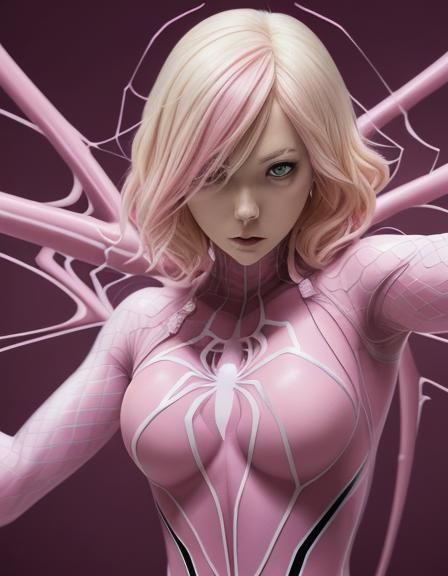 Spider gwen, blonde and pink hair, in her pink spider outfit, by artist "anime", Anime Key Visual, Japanese Manga, Pixiv...