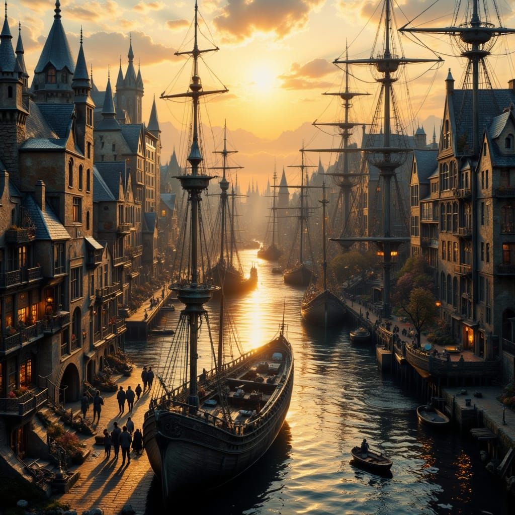 Ancient Harbor at Sunrise in Gritty Realism