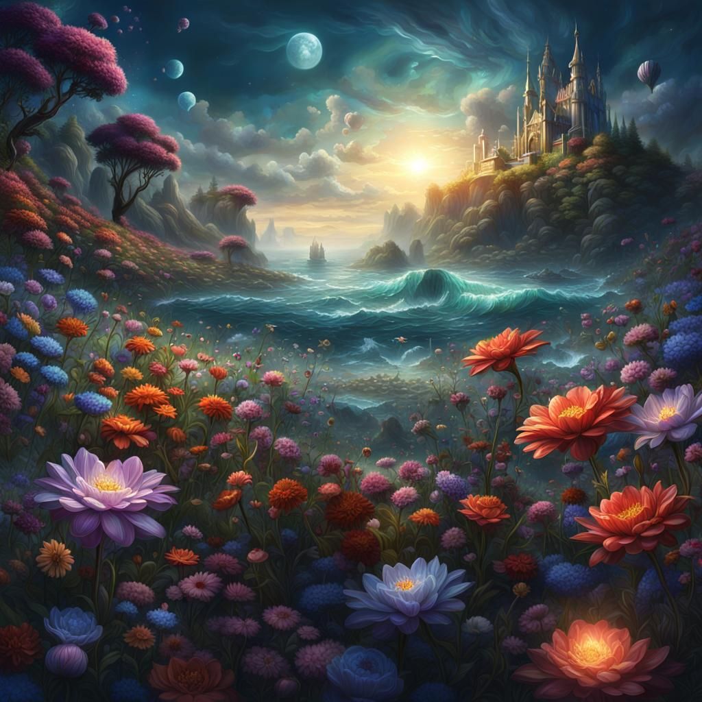 Blooming Thoughts: A Detailed Fantasy Meadow