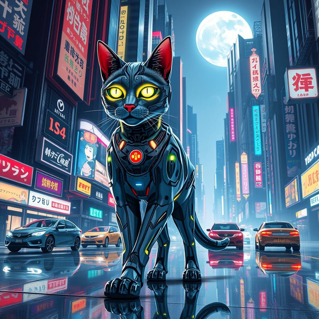 A highly stylized digital illustration of a cybernetic cat walking confidently through a neon-lit futuristic city at nig...