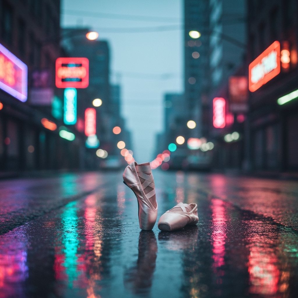 Pointe Shoe in Cityscape with Neon Lights