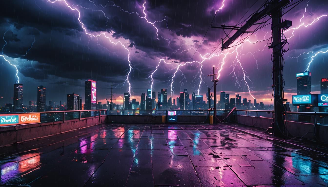 Synthwave Cityscape with Neon Lightning