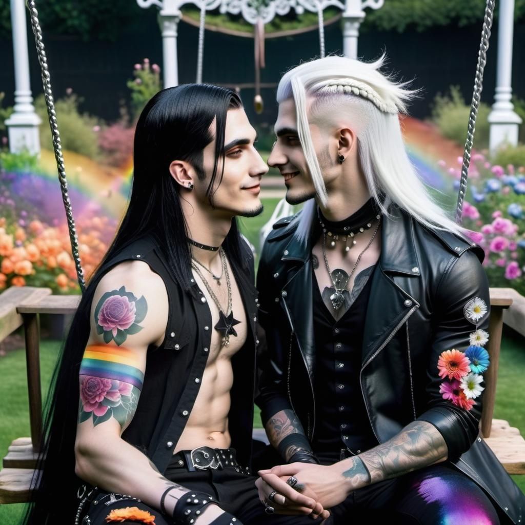 Two Gay Goth Men in Rainbow Garden