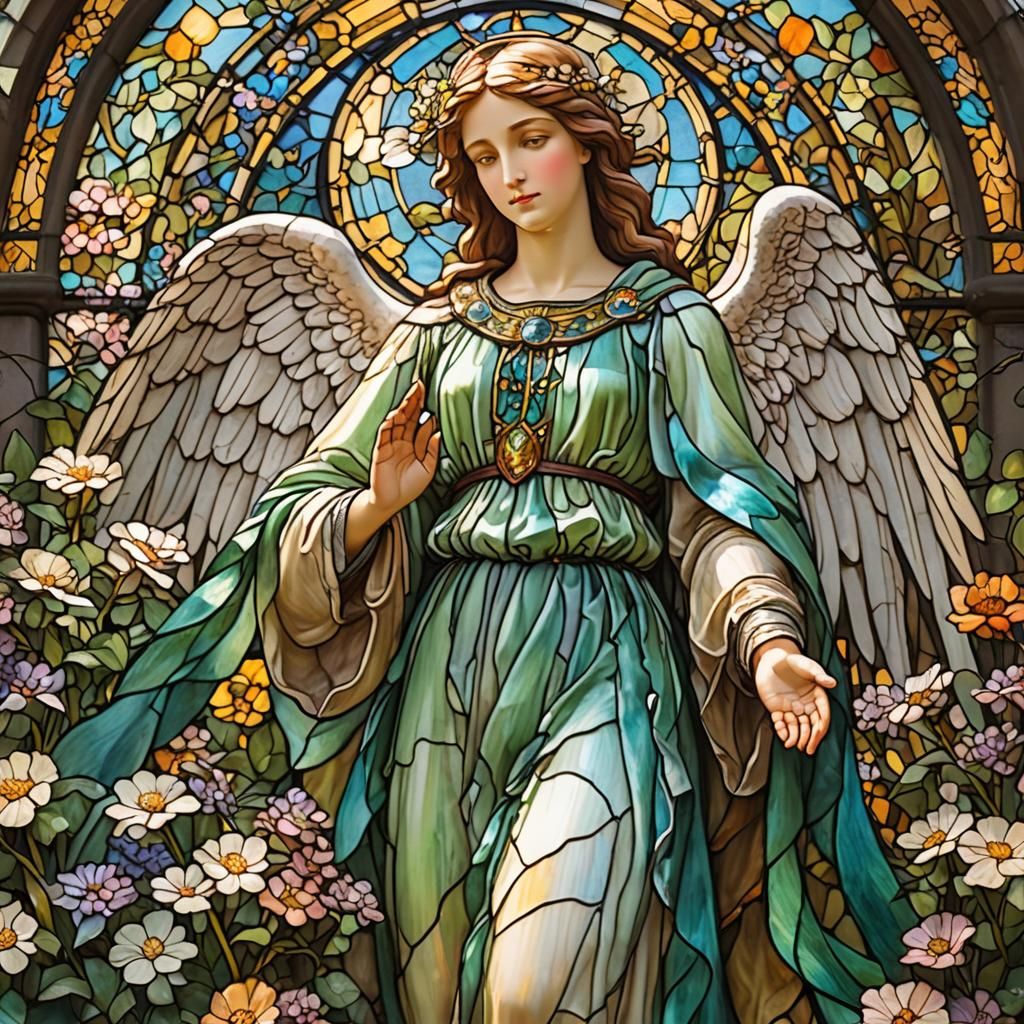 Angel in Stained Glass Garden: Gemstone Colors