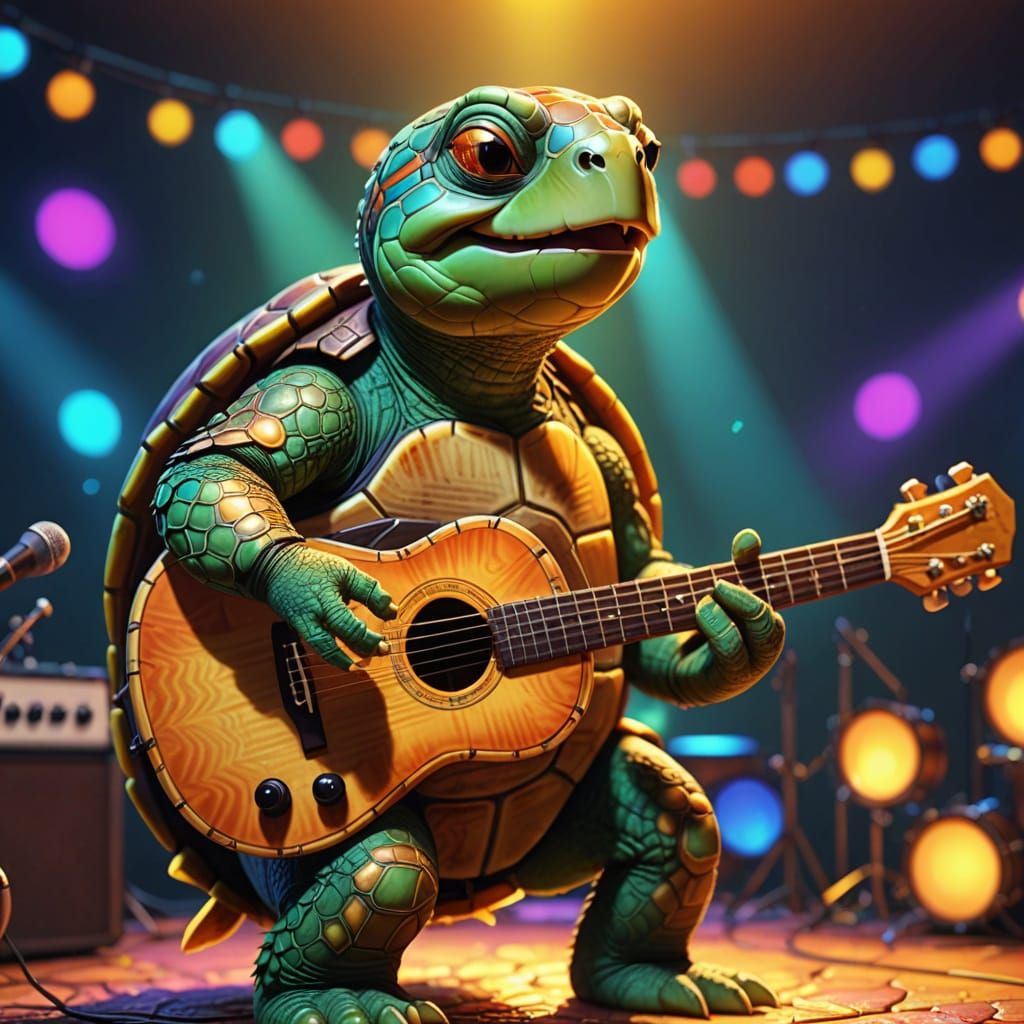 Cartoon Turtle Plays Guitar in Vibrant Digital Art