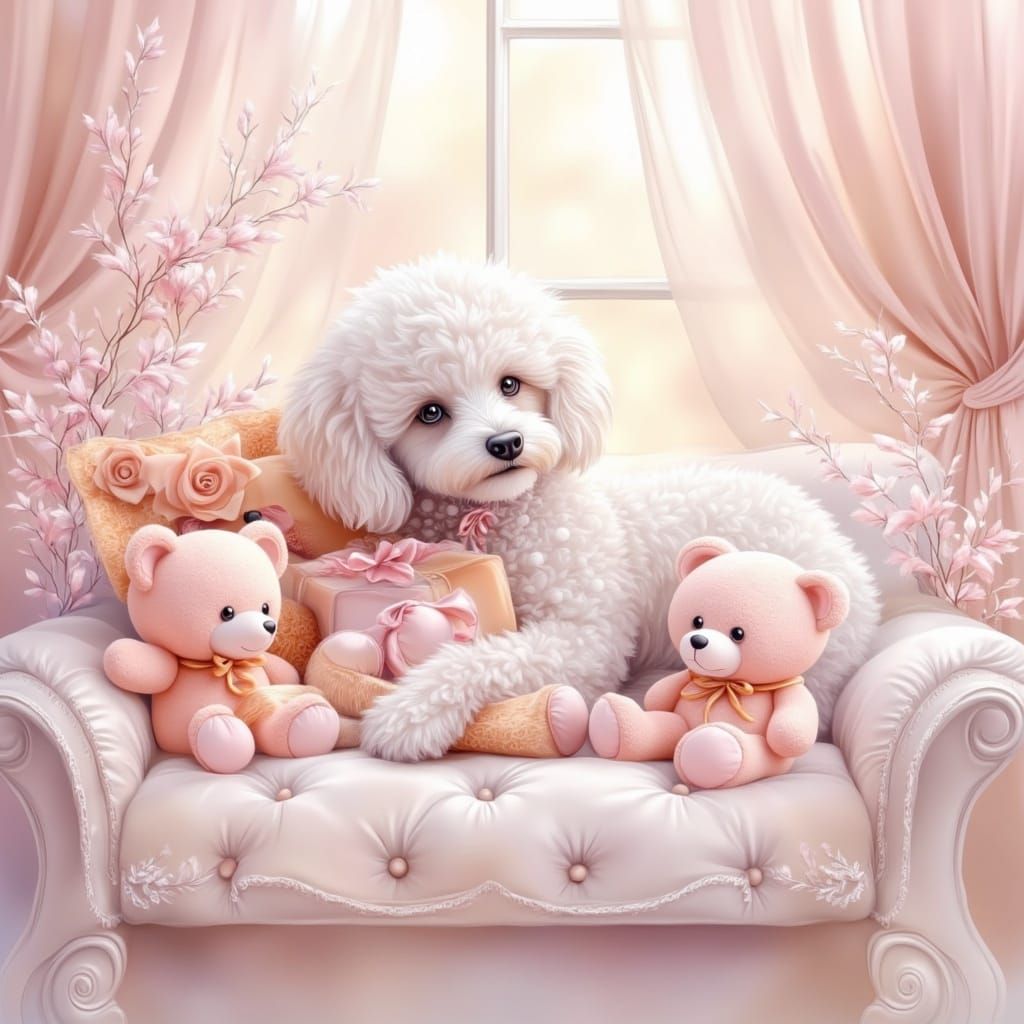 Whimsical Winter Wonderland with Fluffy Poodle and Vibrant T...