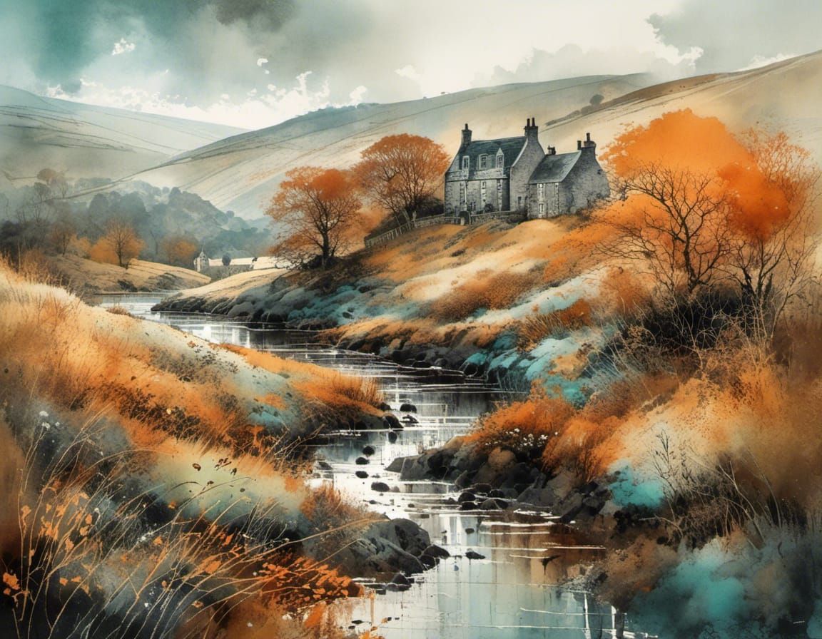Intricate Autumnal Scotland in Orange and Teal