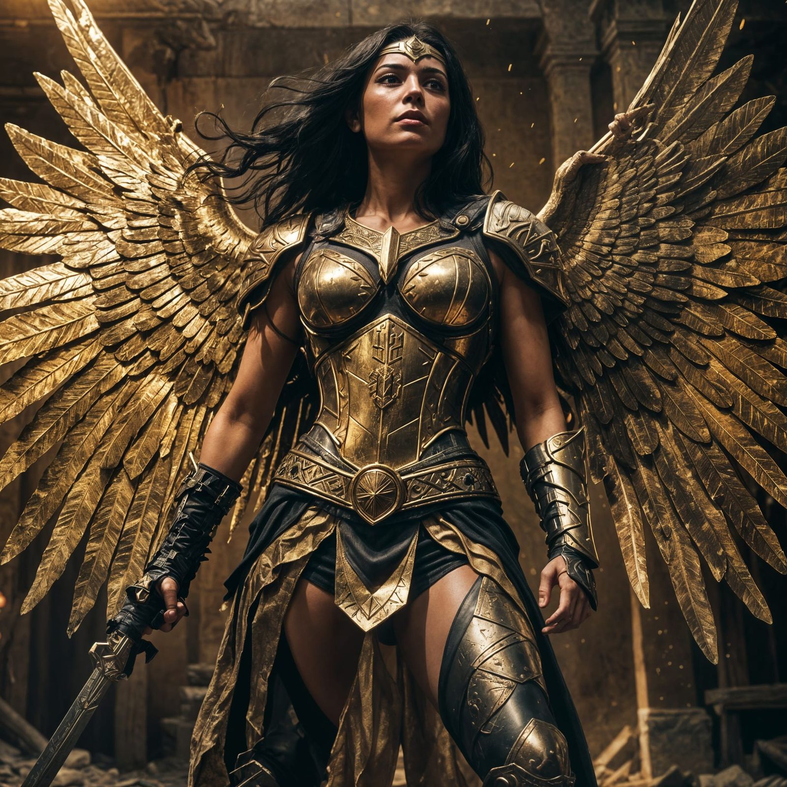 Egyptian Female Warrior in Golden Armor with Wings