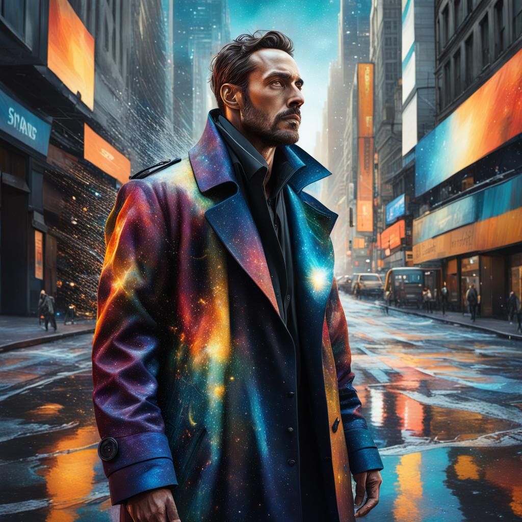 Man's Coat Holds a Universe in Splash Art Style