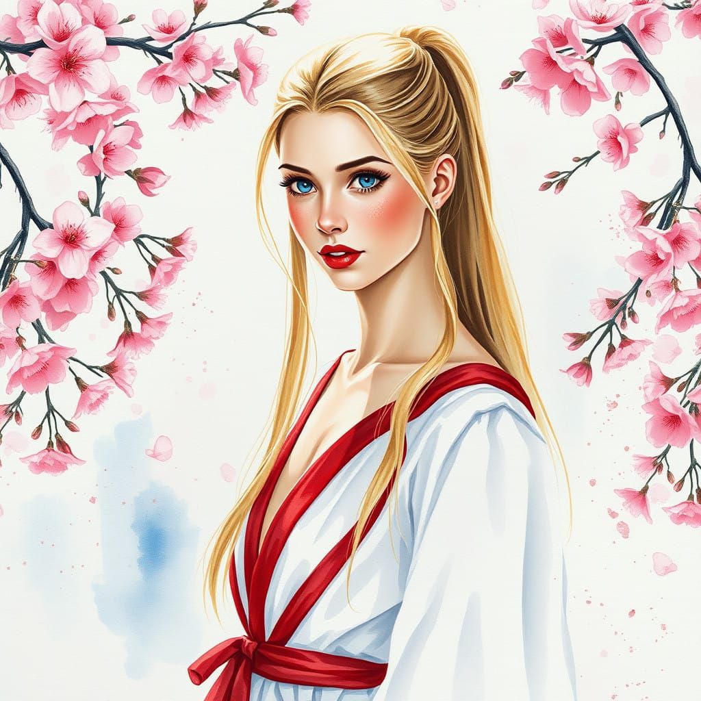 Scandinavian Goddess in Cherry Blossoms Watercolor