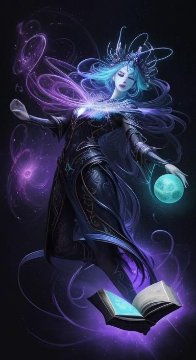 Enigmatic Wisdom in Abstract Neon Cosmic Dance