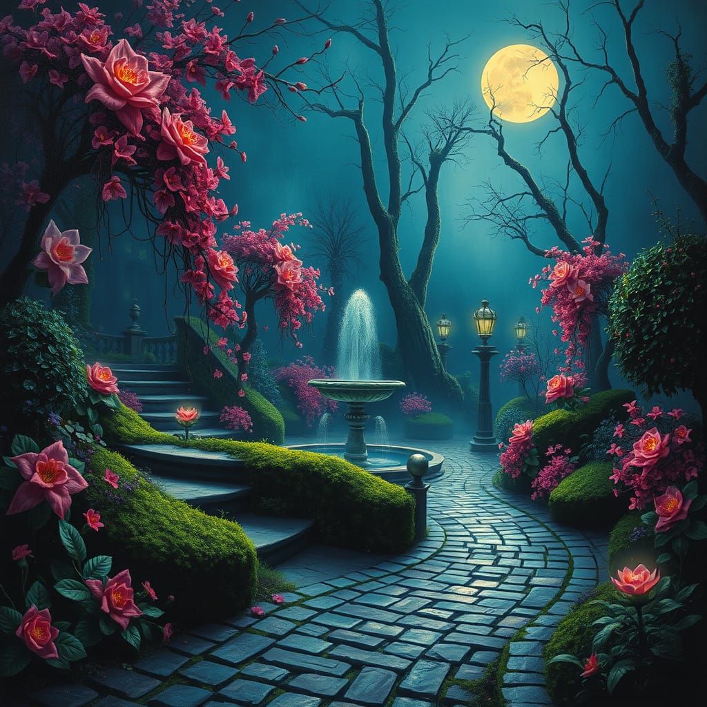 Ethereal Moonlit Garden with Luminescent Flora and Spectral ...