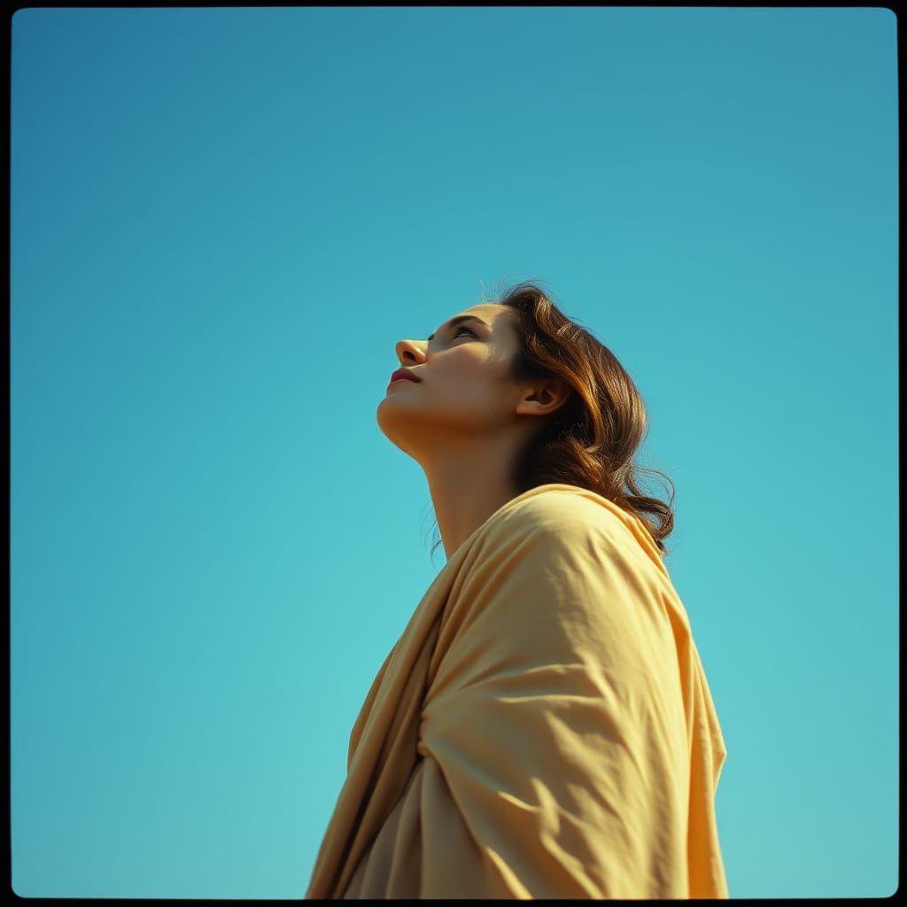 Contemplative Figure Gazing Skyward: Cinematic Film Still