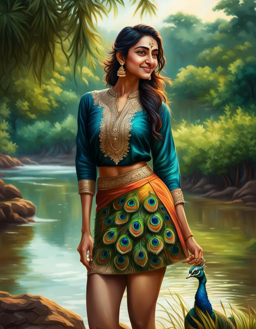 Hyperrealistic Indian Girl Near River with Peacock