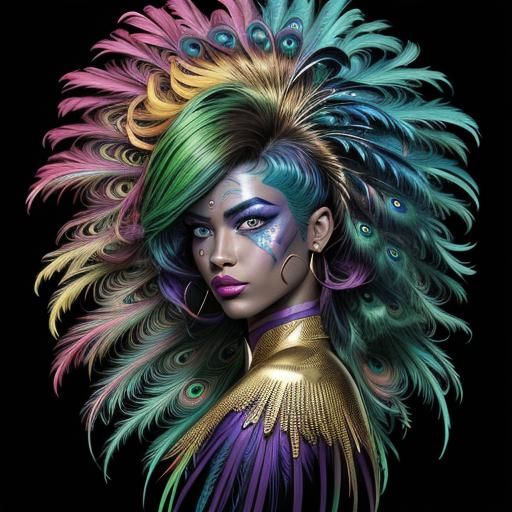 Rainbow Woman with Peacock Feathers, Comic Book Art